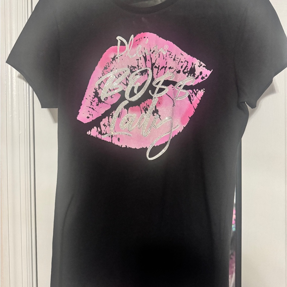 Philipp Plein Black T-Shirt with Pink Boss Lady lips
